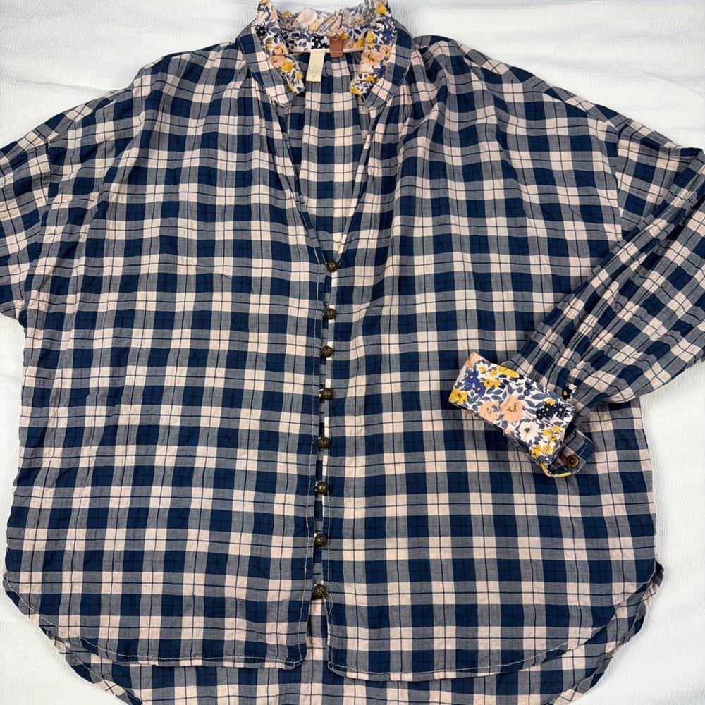 Pilco Blue Plaid Floral Collar Button Down Long Sleeve Tunic Shirt Women's Small